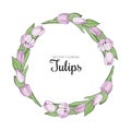 Hand drawn vector floral frame with pink flowers tulips, branch and leaves. Elegant logo template. Royalty Free Stock Photo