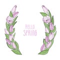 Hand drawn vector floral frame with pink flowers tulips, branch and leaves. Elegant logo template. Royalty Free Stock Photo