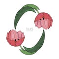 Hand drawn vector floral frame with red flowers tulips, branch and leaves. Elegant logo template. Royalty Free Stock Photo