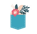Hand drawn vector flower bouquet and grasses bunch in jeans pocket. For wedding greeting card, birthday or valentine day
