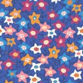 Hand drawn vector flower field orange purple white blue pattern. Seamless floral background. Summer or spring nature Royalty Free Stock Photo