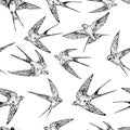 Hand drawn vector flying swallows seamless background