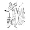 Hand drawn vector Fox with gift. Doodle zentangle style. Child i