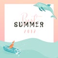 Hand drawn vector funny summer time illustration poster with surfer dog on surfboard,jumping dolphin and modern Royalty Free Stock Photo