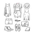 Hand drawn vector girl clothing and accessories outline