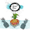 Hand drawn vector graphic abstract illustration of pineapple floating in lifebuoy in ocean waves.