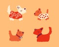 Hand drawn vector graphic clipart with silhouettes dogs in coats and collars. Doodle cartoon animals collection. Perfect for tee,