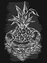 Hand drawn vector graphic illustration of pineapple floating in lifebuoy in ocean waves.