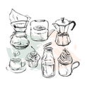 Hand drawn vector graphic realistic set with coffee design elements coffee maker,teapot,mug with whipped cream glass Royalty Free Stock Photo