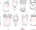 Hand drawn vector graphic seamless pattern with ice cream,glass jar,smoothie,milkshake,lemonade,jam and coctails