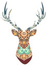 Hand drawn vector horned deer with high details ornament, flowers on white background