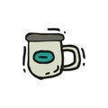 Hand drawn vector icon of camping metal cup for drinking. Enamel mug. Tourist equipment