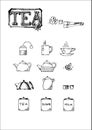 Hand drawn vector icon set of tea sign, cup, pot, filter for cafeteria menu or sign