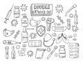 Hand drawn vector icon set virus protection. Doodle medical and healthcare. Sketch and outline style Royalty Free Stock Photo