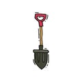 Hand drawn vector icon of small metal shovel in doodle style. Camping equipment. Tool for digging