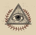 Hand drawn vector illustration - All seeing eye pyramid symbol. Royalty Free Stock Photo