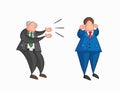 Hand-drawn vector angry boss yelling at businessman worker and he is closing his ears Royalty Free Stock Photo