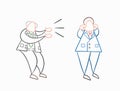 Hand-drawn vector angry boss yelling at businessman worker and he is closing his ears Royalty Free Stock Photo