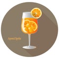 Hand drawn vector illustration of Aperol Spritz alcohol cocktail with a citrus orange slice decoration, in a brown circle Royalty Free Stock Photo