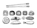 Hand drawn vector illustration. Asian food. Different types of sushi, rolls, sashimi with shrimp, salmon and vegetables. Chinese Royalty Free Stock Photo