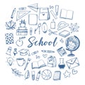 Hand drawn vector illustration - Back to school background. Sketch design elements. Education, study, teacher, school supplies. P