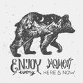 Hand drawn vector illustration bear with double exposure. Royalty Free Stock Photo