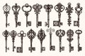 A hand-drawn vector illustration of a big set of retro keys, depicted in a vintage style. The collection includes ornamental