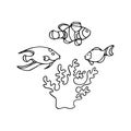 Doodle illustration of exotic fishes and corals.