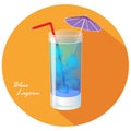 Hand drawn vector illustration of Blue lagoon popular summer cocktail, in orange circle with long shadow and text.