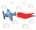 Hand drawn vector illustration, blue plane with red ribbon Royalty Free Stock Photo