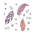 Hand drawn vector illustration bohemian, tribal, ethnic feathers. Royalty Free Stock Photo