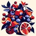 Hand drawn vector illustration of a bunch of berries, orange, grapefruit and cranberry. AI generated