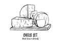 Hand drawn vector illustration. Cheese set mozzarella, blue che Royalty Free Stock Photo