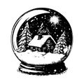 Hand drawn vector illustration - Christmas snow globe with a house and fir-tree Royalty Free Stock Photo