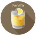 Hand drawn vector illustration of classic The Penicillin alcohol blended scotch cocktail with lemon in old fashioned glass