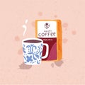 Hand drawn vector illustration of coffee pack and mug.