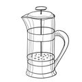 Hand-drawn vector illustration of coffee press. With black circuit without fill on white background