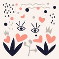 Hand drawn vector illustration, collage . Psychedelic design . Abstract composition with hearts, geometric shapes, eyes