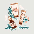 Hand drawn vector illustration cosmetics tubes and dropper bottle for oil. Boho illustration of make up collection for shop