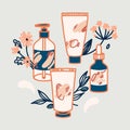 Hand drawn vector illustration cosmetics tubes and dropper bottle for oil. Boho illustration of natural make up collection