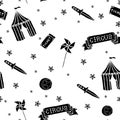 Hand drawn vector illustration of circus items seamless pattern on a white background.