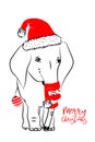 Hand drawn vector illustration with a cute baby elephant celebrating celebrating a Merry Christmas - isolated on white background