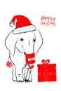 Hand drawn vector illustration with a cute baby elephant celebrating celebrating a Merry Christmas - isolated on white background