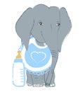 Hand drawn vector illustration with a cute baby elephant celebrating new birth