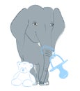 Hand drawn vector illustration with a cute baby elephant celebrating new birth