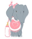 Hand drawn vector illustration with a cute baby elephant celebrating new birth