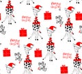 Hand drawn vector illustration with a cute baby giraffe celebrating celebrating a Merry Christmas - seamless pattern