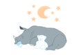 Hand drawn vector illustration with a cute baby rhinoceros sleeping celebrating new birth Royalty Free Stock Photo