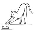 Hand-drawn vector illustration. Cute doodle cat reaches for the mouse black line on a white background