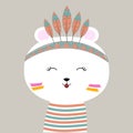 Hand drawn vector illustration of a cute funny bear indian.